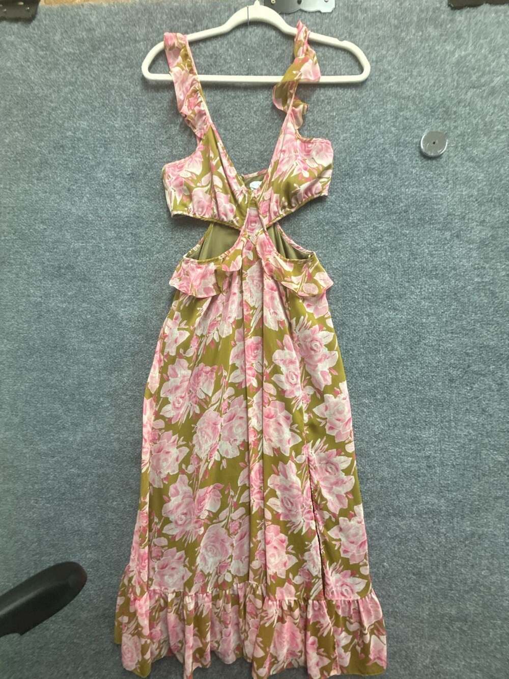 LIKELY Katerina Dress Olive Oil Pink Floral Cutout Midi